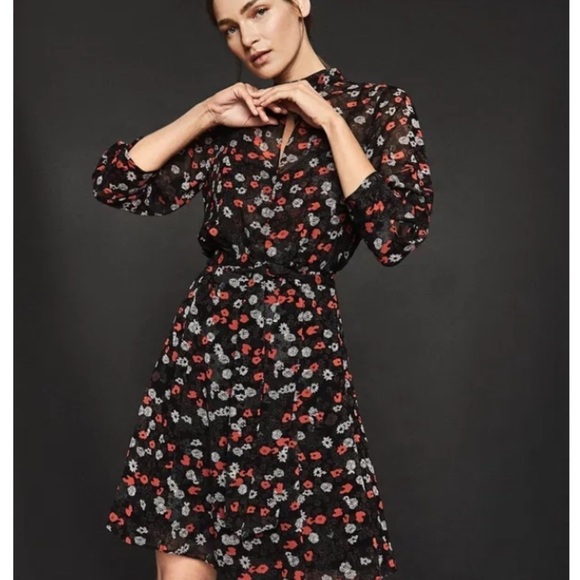 REISS Ladies Red Mix Ditsy Floral PEONY Sheer Lined Tie Waisted Party Dress US8 - Picture 16 of 16